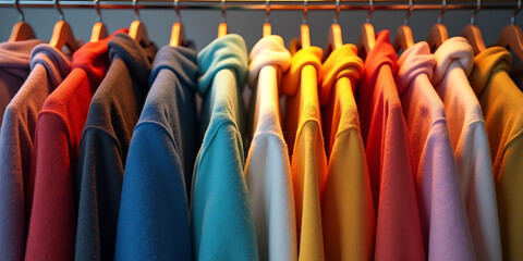 Row of different colorful youth cashmere sweaters and hoodies, sweatshirts and on a clothes rack. Mock up advertising merch.