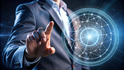 Businessman in a suit interacting with a glowing futuristic digital network interface on a dark background representing technology and innovation