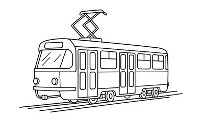 Linear black and white tram outline on tracks