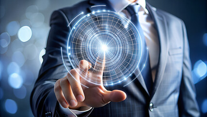 Businessman wearing a suit touching a glowing digital network sphere with his finger representing innovation and future technology