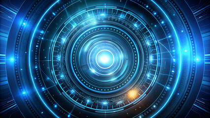 Abstract futuristic glowing blue circular portal with intricate technological patterns and bright light emanating from the center representing advanced science and innovation