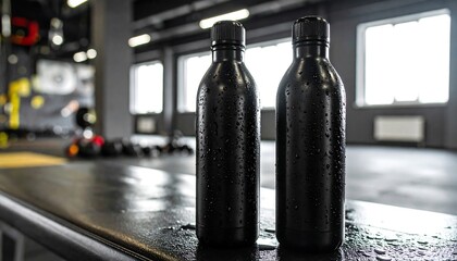 Two black water bottles with water droplets sit on a gym counter, showcasing a modern, fitness-focused aesthetic.