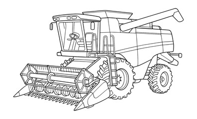 Combine harvester black and white outline with detailed machinery elements