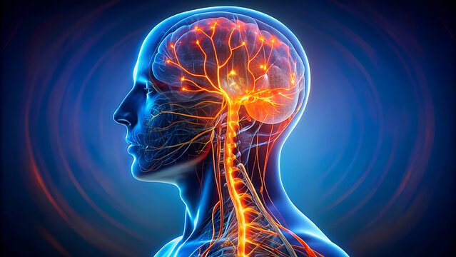 Detailed 3d rendering of a human head profile showcasing the intricate network of the central nervous system and brain activity with glowing neural pathways against a dark blue background - Powered by Adobe
