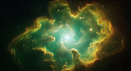 Obraz premium Photorealistic cinematic space scene featuring a vast nebula with glowing swirling gas clouds, illuminated against a starry background, majestic deep space atmosphere.