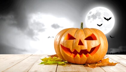Jack-o'-lantern on a wooden surface against a spooky sky.