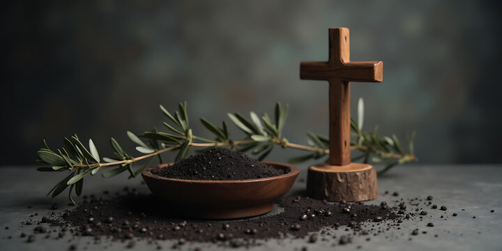 Ash Wednesday, faith, liturgy, religious ceremony background. Wooden cross, ceremonial dish with ash and olive branch on gray background