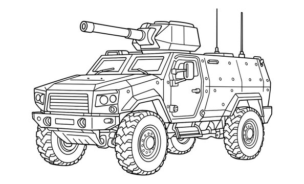 Armored military vehicle outline with cannon turret and tactical design