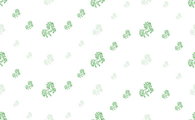 Seamless pattern of large and small green fiery horse symbols. The elements are arranged in a wavy. Illustration on light green background
