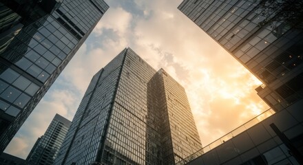 Modern Glass Skyscrapers with Sunlight Reflection in Urban Cityscape Architecture