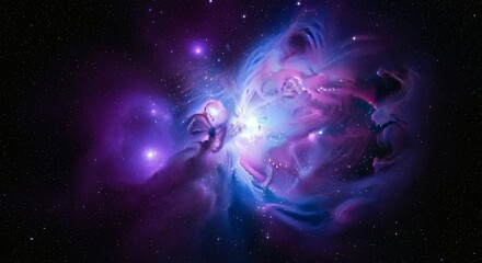 Fototapeta premium Photorealistic nebula scene in deep space, cinematic clouds of luminous gas swirling across dark starry cosmos, soft gradients and scattered starlight creating an immersive atmosphere.