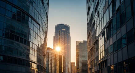 Fototapeta premium Futuristic City Towers with Reflective Glass Facades and Sun Flare in Business District