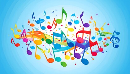 Colorful musical notes scattered across a light blue background.