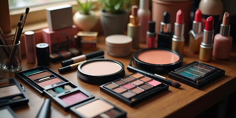 Makeup set collections of cosmetic accessories and instruments on wood surface