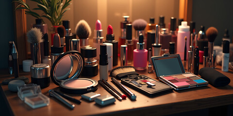 Makeup set collections of cosmetic accessories and instruments on wood surface