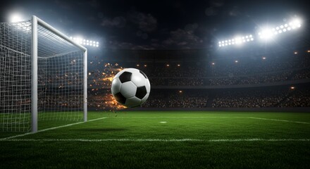 Fototapeta premium Soccer Ball Hitting the Net in Stadium Under Floodlights Dramatic Goal Moment in Football Match