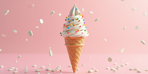 3D realistic ice cream with waffel cone and decorative sprinkles rotating on pastel background. Green screen footage. 4K seamless loop render animation