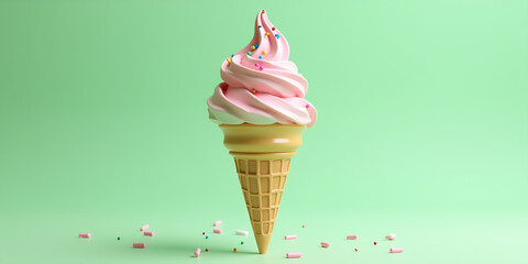 3D realistic ice cream with waffel cone and decorative sprinkles rotating on pastel background. Green screen footage. 4K seamless loop render animation
