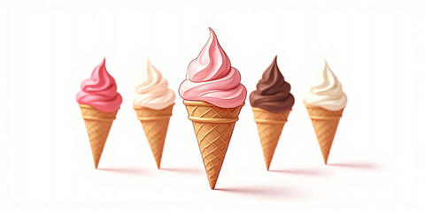 Ice cream food isolated on white. Cartoon doodle waffle cone ice cream set. Vector illustration cake