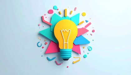 A bright, yellow lightbulb, centered within a vibrant, colorful, and abstract composition of geometric shapes and textures, evokes a feeling of creativity and innovation.