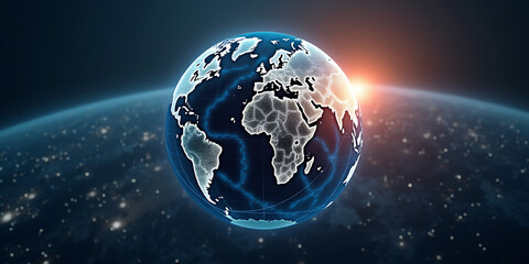 Digital world globe centered on Europe, concept of global network and connectivity on Earth, data transfer and cyber technology, information exchange and international telecommunication 