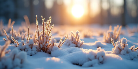Winter season outdoors landscape, frozen plants in nature on the ground covered with ice and snow, under the morning sun - Seasonal background for Christmas wishes and greeting card