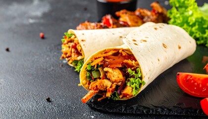 Two flavorful chicken burritos on a dark surface.