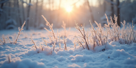 Winter season outdoors landscape, frozen plants in nature on the ground covered with ice and snow, under the morning sun - Seasonal background for Christmas wishes and greeting card
