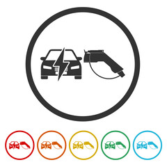 EV charging station icon. Set icons in color circle buttons