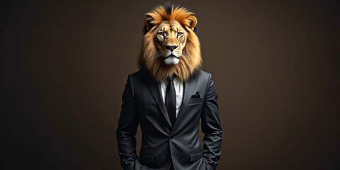 Lion dressed in an elegant and modern suit with a nice tie. Fashion portrait of an anthropomorphic animal, shooted in a charismatic human attitude 