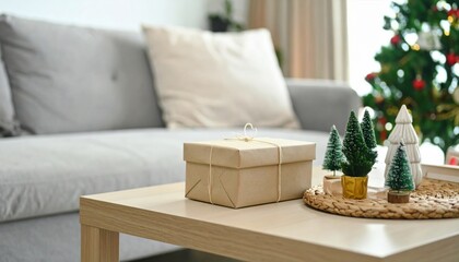 Christmas Gift on Wooden Table Near Couch With Christmas Tree Background