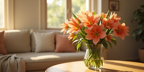 Spring flowers bouquet in vase on table in living room with morning sun light. Stylish apartment interior with blooming flowers