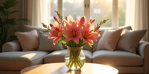 Spring flowers bouquet in vase on table in living room with morning sun light. Stylish apartment interior with blooming flowers