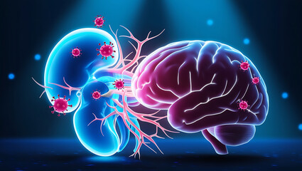 Brain and kidney infected by viruses, concept of health and medicine