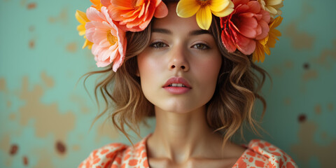 Female portrait with flowers in her head. Creative background with stylish woman. Fashion portrait. Summer style