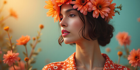 Female portrait with flowers in her head. Creative background with stylish woman. Fashion portrait. Summer style