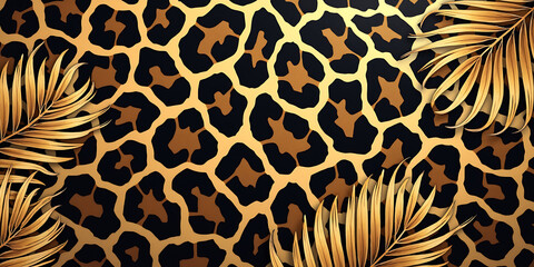 Leopard, print and pattern. Vector illustration of trendy modern seamless spotted leopard animal skin texture with golden, tropical palm leaves for background, label or card