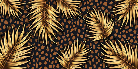 Leopard, print and pattern. Vector illustration of trendy modern seamless spotted leopard animal skin texture with golden, tropical palm leaves for background, label or card
