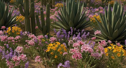 Vibrant desert garden with blooming wildflowers and cacti, agave plants and succulents, sunny arid landscape photography