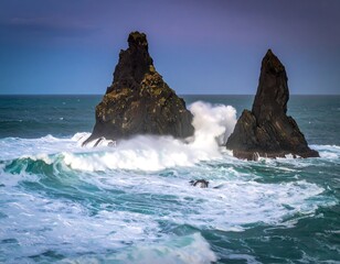 Dramatic ocean waves crashing against volcanic rocks (1)