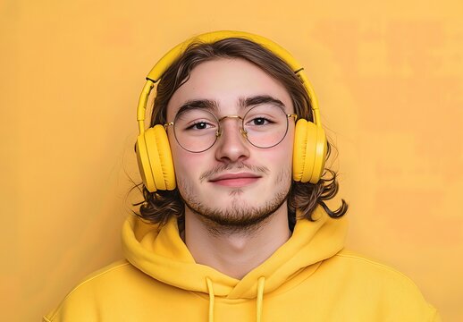 young man wearing yellow headphones and hoodie smiles contentedly against a vibrant yellow background. A relaxed and happy mood