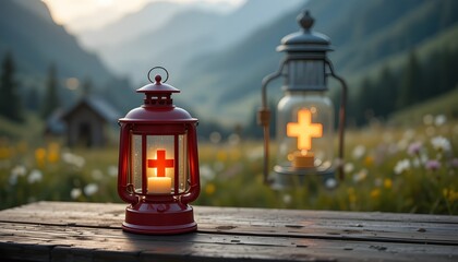 A glowing red Swiss cross lantern on a rustic table, casting warm candlelight against a blurred alpine meadow backdrop.