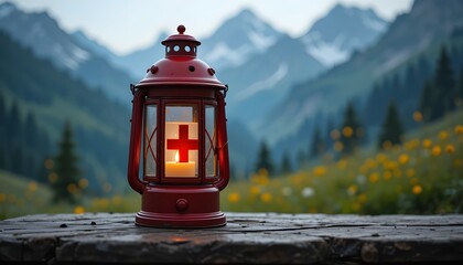 A glowing red Swiss cross lantern on a rustic table, casting warm candlelight against a blurred alpine meadow backdrop.