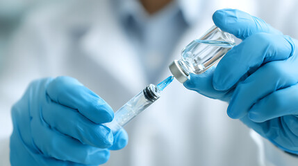 Healthcare professional drawing liquid from vial into syringe medical