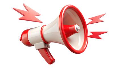 Naklejka premium 3D Red and png White Megaphone with Red Lightning Bolts on Transparent Background bullhorn announcement