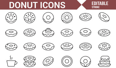 Line Art Donuts and Coffee Cup Icons for Bakery and Sweet Treat Design