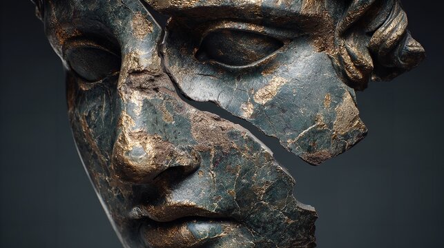 A shattered antique bust whispers tales of history and resilience revealed against a gray studio