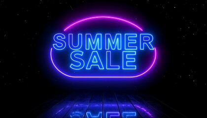 A vibrant neon sign announcing a summer sale, set against a dark backdrop with a starry night sky effect.