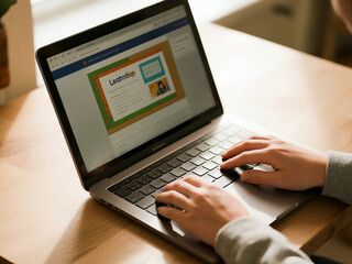 A pose of someone working in front of a laptop. The focus of this photo is only on the hands typing and a small part of the laptop screen.