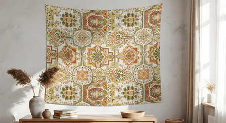 Boho Chic Living Room with Floral Tapestry, Minimalist Interior Design